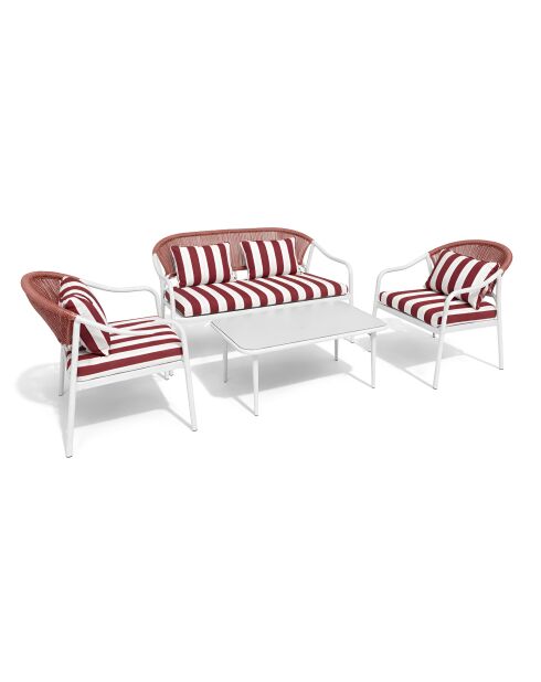 Salon de jardin en acier blanc tissu rayé blanc et coquelicot positano blanc/rouge - 4 pièces
