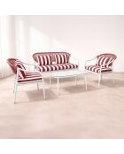 Salon de jardin en acier blanc tissu rayé blanc et coquelicot positano blanc/rouge - 4 pièces