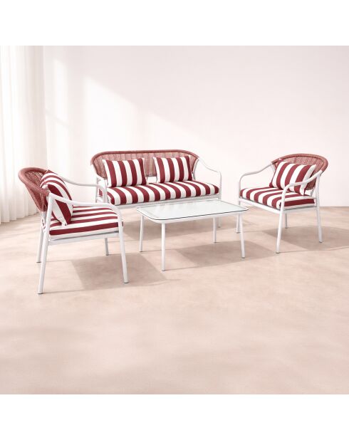 Salon de jardin en acier blanc tissu rayé blanc et coquelicot positano blanc/rouge - 4 pièces