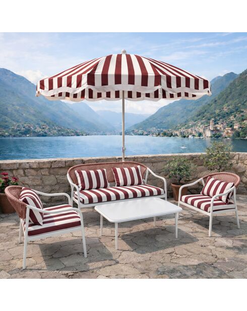 Salon de jardin en acier blanc tissu rayé blanc et coquelicot positano blanc/rouge - 4 pièces