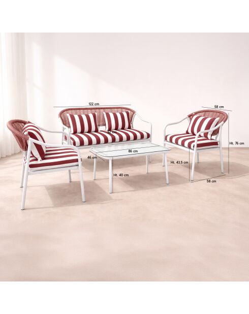 Salon de jardin en acier blanc tissu rayé blanc et coquelicot positano blanc/rouge - 4 pièces