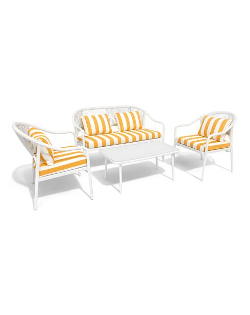 Salon de jardin en acier blanc tissu rayé blanc et bouton d'or positano blanc/jaune - 4 pièces