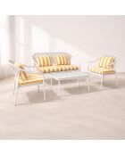 Salon de jardin en acier blanc tissu rayé blanc et bouton d'or positano blanc/jaune - 4 pièces