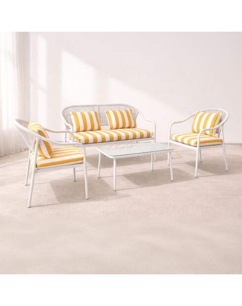 Salon de jardin en acier blanc tissu rayé blanc et bouton d'or positano blanc/jaune - 4 pièces