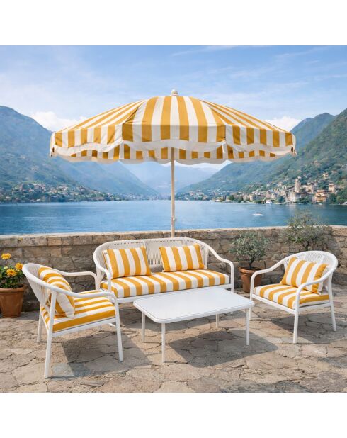 Salon de jardin en acier blanc tissu rayé blanc et bouton d'or positano blanc/jaune - 4 pièces