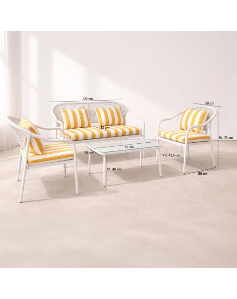 Salon de jardin en acier blanc tissu rayé blanc et bouton d'or positano blanc/jaune - 4 pièces