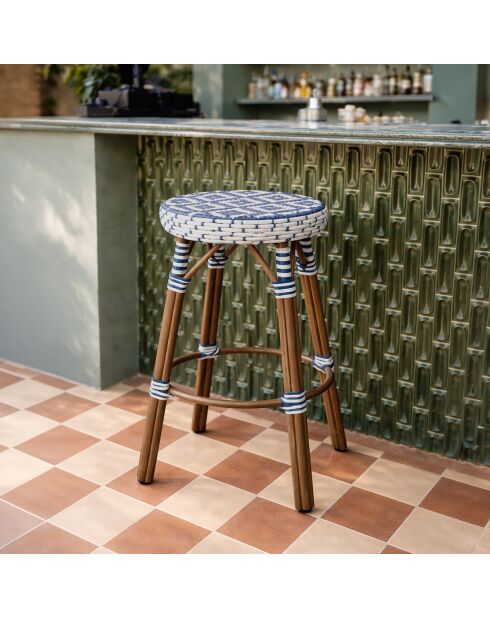 Blaue Barhocker aus Aluminiumtextilien in Scala Blau/natürlicher Rattaneffekt - 46x74 cm