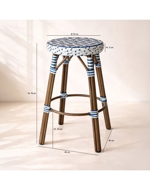 Blaue Barhocker aus Aluminiumtextilien in Scala Blau/natürlicher Rattaneffekt - 46x74 cm