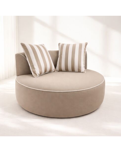 Ronde buitenfauteuil gecomprimeerde taupe stof met twee kussens nino wit/taupe - 122x122x63cm