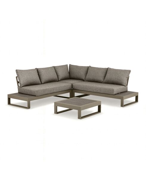 Salon d'angle de jardin structure aluminium avec coussins moka madrague taupe - 4 pièces