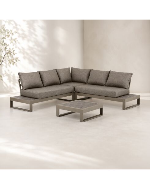 Salon d'angle de jardin structure aluminium avec coussins moka madrague taupe - 4 pièces