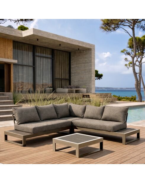 Salon d'angle de jardin structure aluminium avec coussins moka madrague taupe - 4 pièces