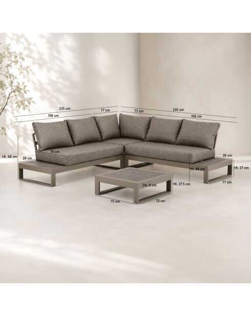 Salon d'angle de jardin structure aluminium avec coussins moka madrague taupe - 4 pièces