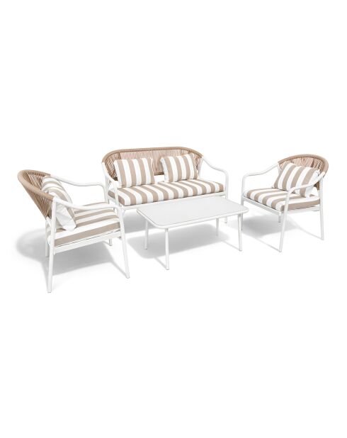 Salon de jardin en acier blanc tissu rayé blanc et taupe positano blanc/taupe - 4 pièces
