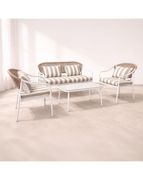 Salon de jardin en acier blanc tissu rayé blanc et taupe positano blanc/taupe - 4 pièces