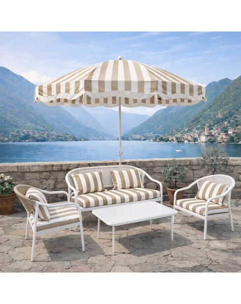 Salon de jardin en acier blanc tissu rayé blanc et taupe positano blanc/taupe - 4 pièces