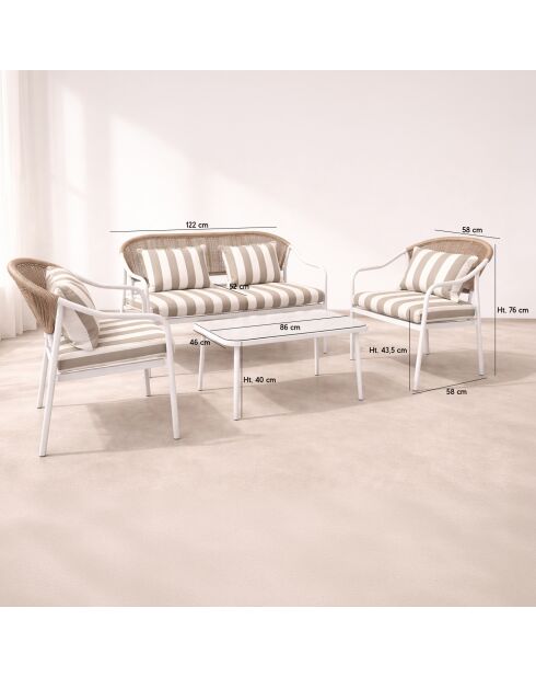 Salon de jardin en acier blanc tissu rayé blanc et taupe positano blanc/taupe - 4 pièces