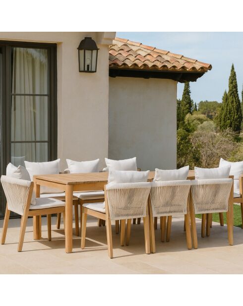 Ensemble de jardin table + 8 chaises en acacia avec coussin blanc fidji blanc/naturel - 9 pièces