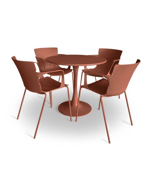 Ensemble table + 4 fauteuils de table en polypropylène et métal brique montauk terracotta - 5 pièces