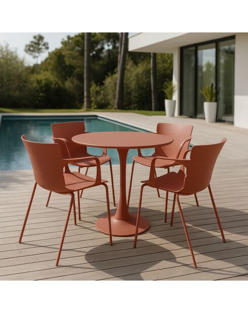 Ensemble table + 4 fauteuils de table en polypropylène et métal brique montauk terracotta - 5 pièces