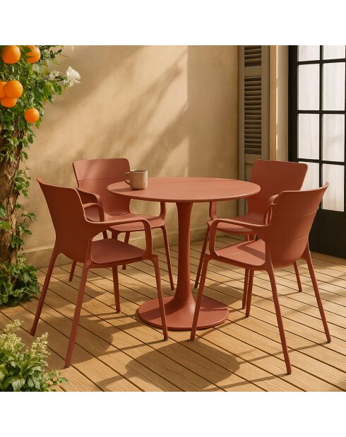 Ensemble table + 4 fauteuils de table en polypropylène et métal brique montauk terracotta - 5 pièces