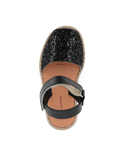 Schwarze Avarca Glitzer-Ledersandalen mit Klettverschluss