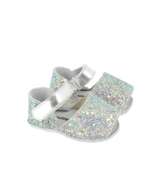 Frailera Baby zonneblauwe pantoffels van leer met glitter