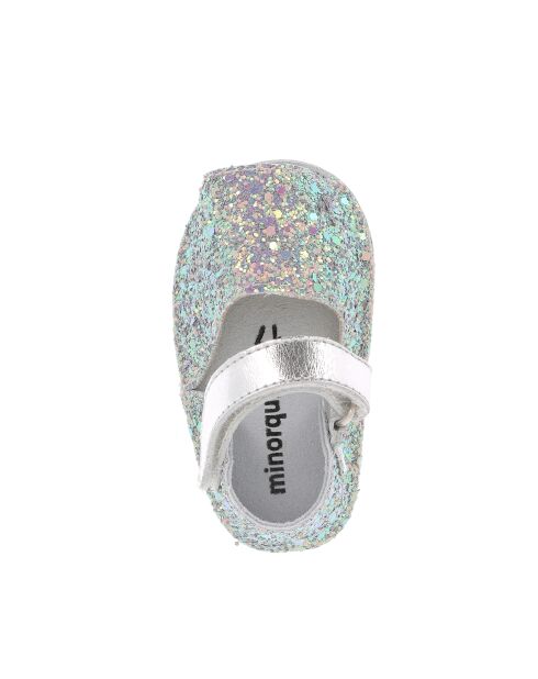 Frailera Baby zonneblauwe pantoffels van leer met glitter