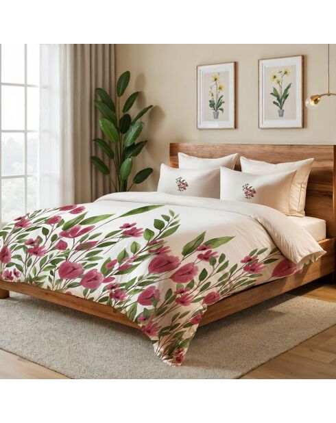 Ensemble de housse de couette simple en coton Tulipa crème/rose/bordeaux/vert - 140 x 200 cm