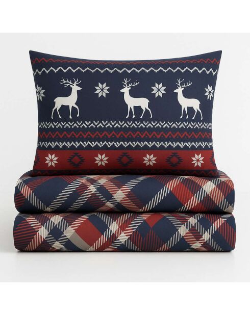 Ensemble de housse de couette double en coton rouge/blanc/bleu foncé/gris - 240 x 220 cm