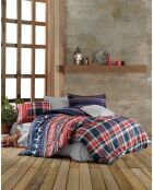 Ensemble de housse de couette double en coton rouge/blanc/bleu foncé/gris - 240 x 220 cm