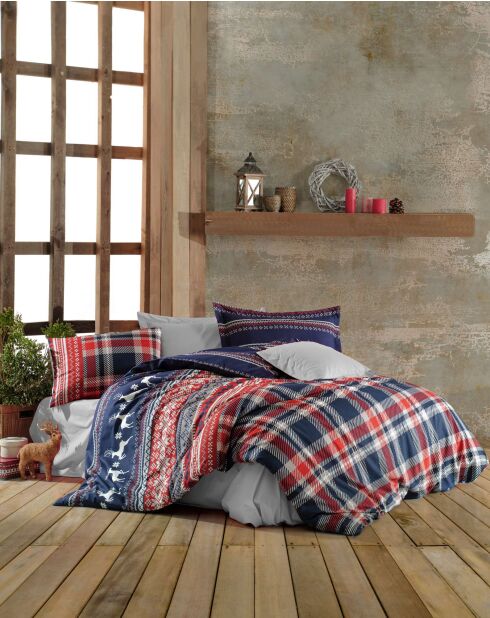 Ensemble de housse de couette double en coton rouge/blanc/bleu foncé/gris - 240 x 220 cm