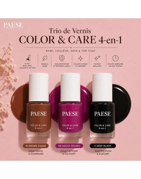 Trio di smalti per unghie 4 in 1 COLOR & CARE - 3 x 5,5 ml - 3 tonalità