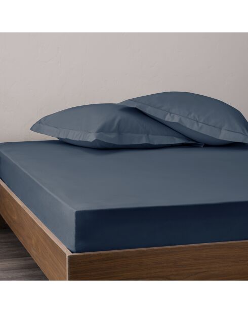Drap housse pur coton percale peigné bleu encre