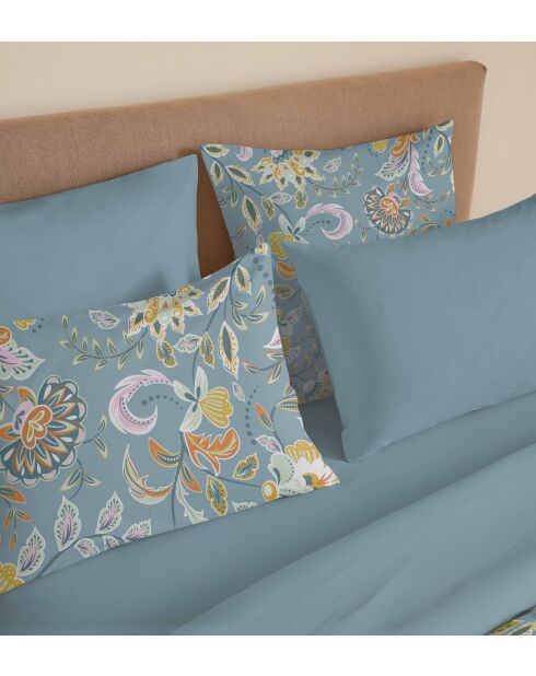 Pack complet housse de couette en coton imprimé King size Bergame turquoise - 180x200cm