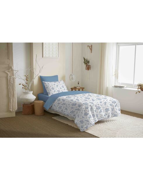 Pack complet housse de couette en coton imprimé Louise bleu - 90x190cm