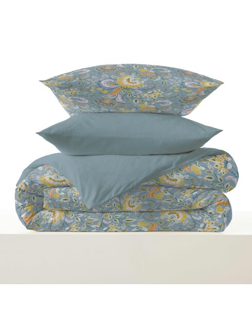 Pack complet housse de couette en coton imprimé Bergame turquoise - 90x190cm