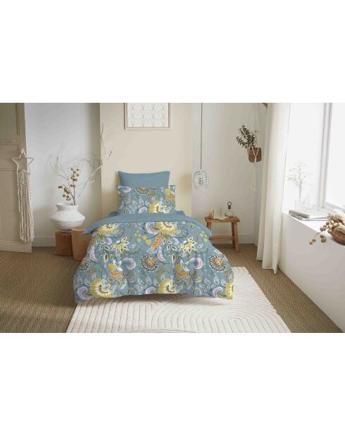 Pack complet housse de couette en coton imprimé Bergame turquoise - 90x190cm