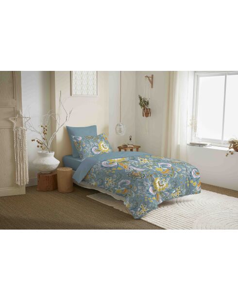 Pack complet housse de couette en coton imprimé Bergame turquoise - 90x190cm