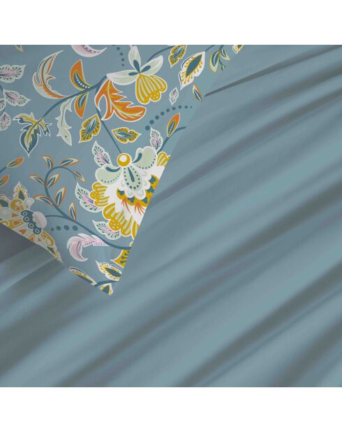 Pack complet housse de couette en coton imprimé Bergame turquoise - 90x190cm