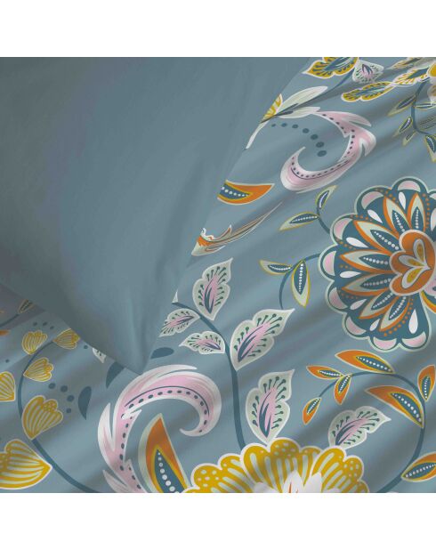 Pack complet housse de couette en coton imprimé Bergame turquoise - 90x190cm