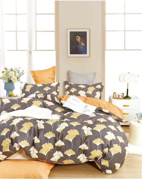 Bettdeckenset aus gelb/grauem Baumwollperkal, doppelseitig bedruckt, mit Bettdecke, 240 x 220 cm + 65 x 65 cm