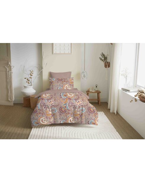 Pack complet housse de couette en coton imprimé Bergame nude - 90x190cm