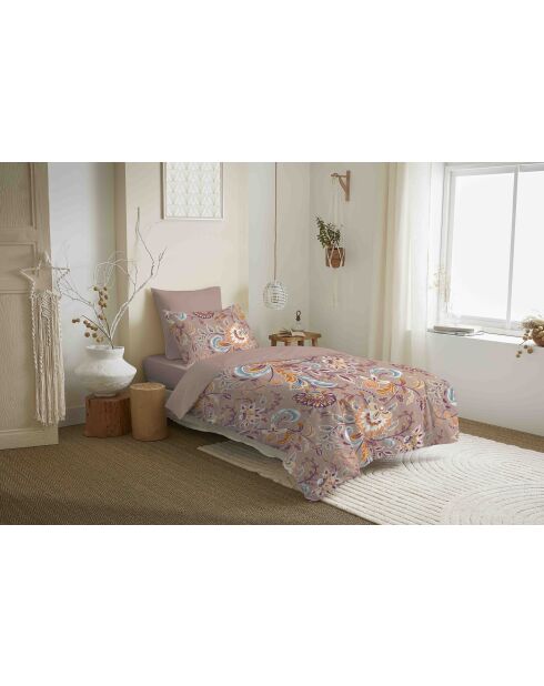 Pack complet housse de couette en coton imprimé Bergame nude - 90x190cm
