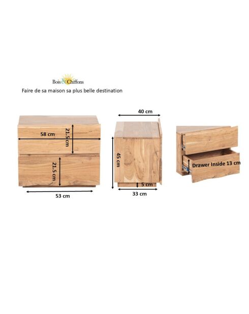 Chevet 2 tiroirs Bunting beige - 58 x 40 x 45 cm