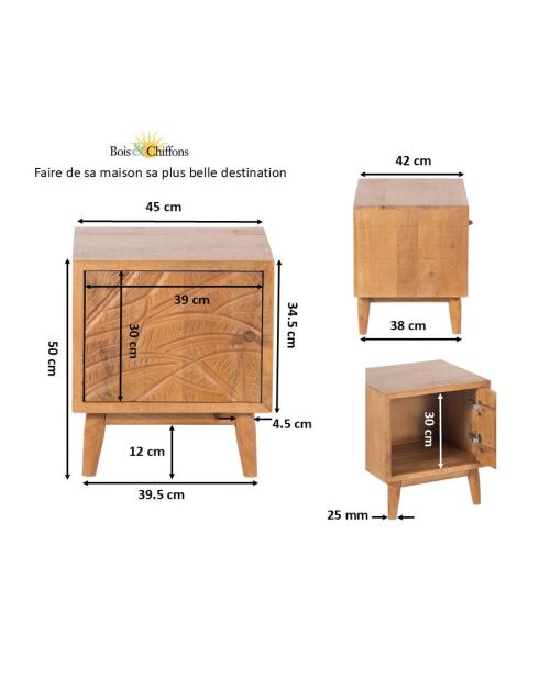 Geschnitzter linker Nachttisch Manguier Floria II braun - 42 x 45 x 50 cm