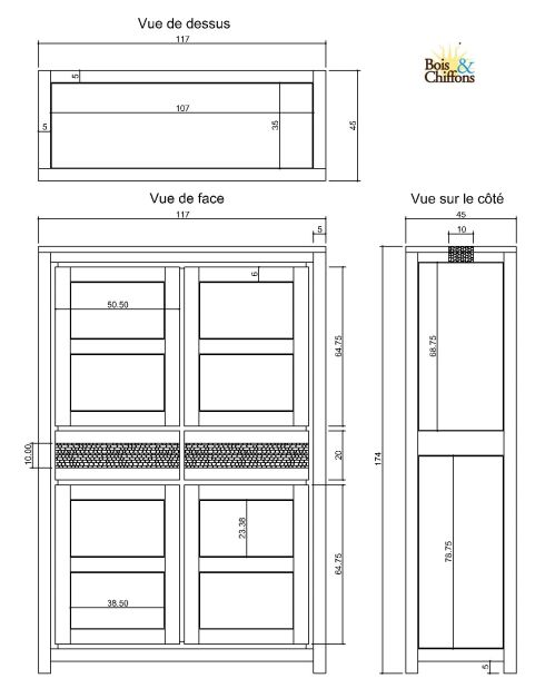 Hohes Sideboard mit 4 Türen und 2 Schubladen, Tattoo, natur/mehrfarbig, 117 x 45 x 174 cm