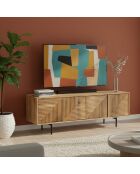 Gesneden houten tv-meubel met 4 deuren Manguier Maglan II beige - 140 x 40 x 50 cm