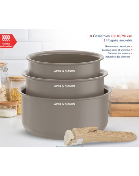 Set de 3 casseroles taupe - 16-18-20 cm