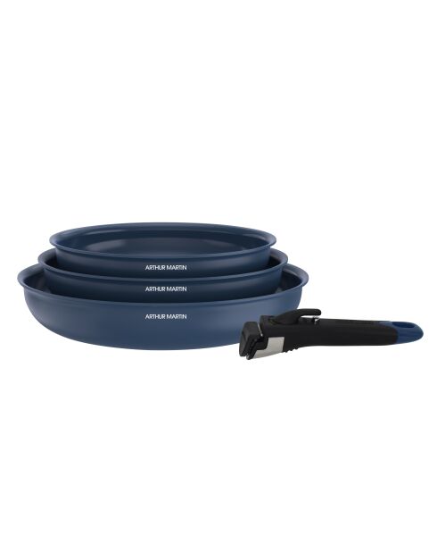 Set de 3 pôèles bleues + 1 poignée amovible - 20-24-28 cm
